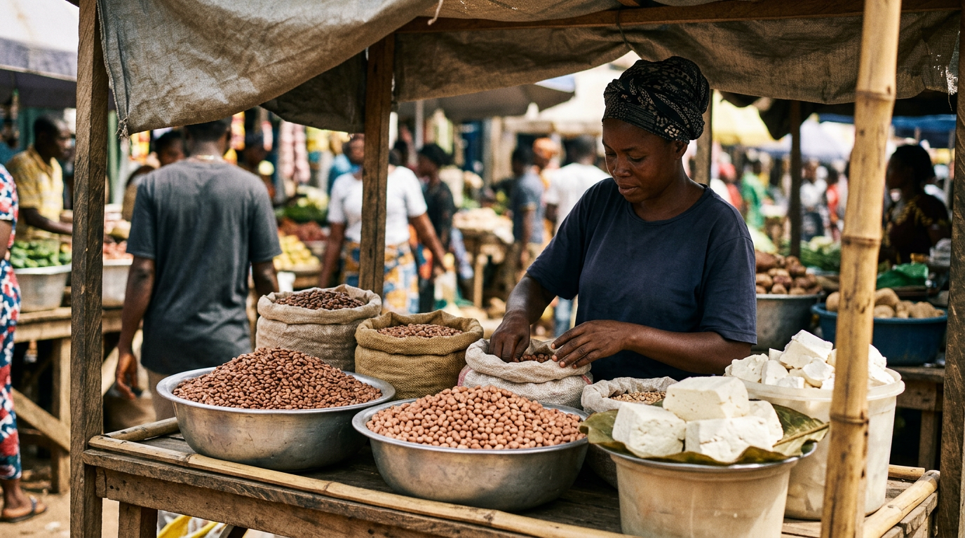 Àwọn àpò èwà, ẹ̀pà, àti àwọn èròjà oúnjẹ afúnnilókun ní ọjà ìbílẹ̀ Nàìjíríà