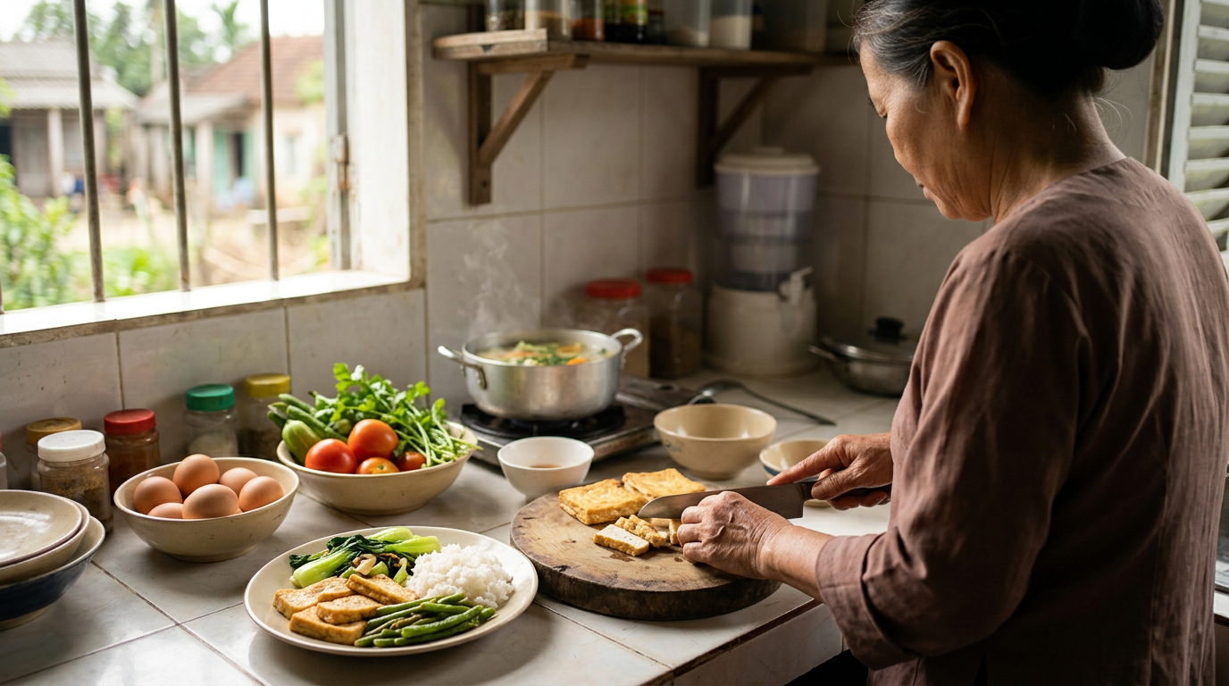 Món ăn chay truyền thống thanh đạm của Việt Nam với đậu phụ và rau củ