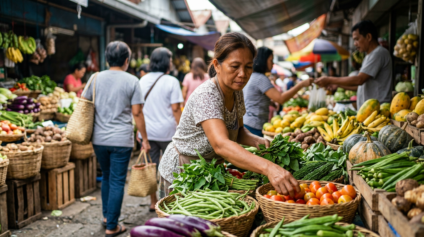 Makukulay na sariwang gulay, munggo, at bungang-kahoy sa isang lokal na palengke sa Maynila
