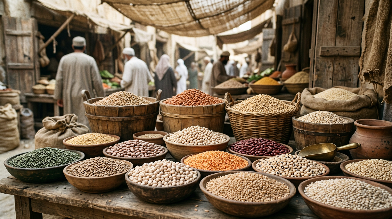 تشكيلة غنية من البقوليات والحبوب الكاملة في سوق تقليدي بالشرق الأوسط