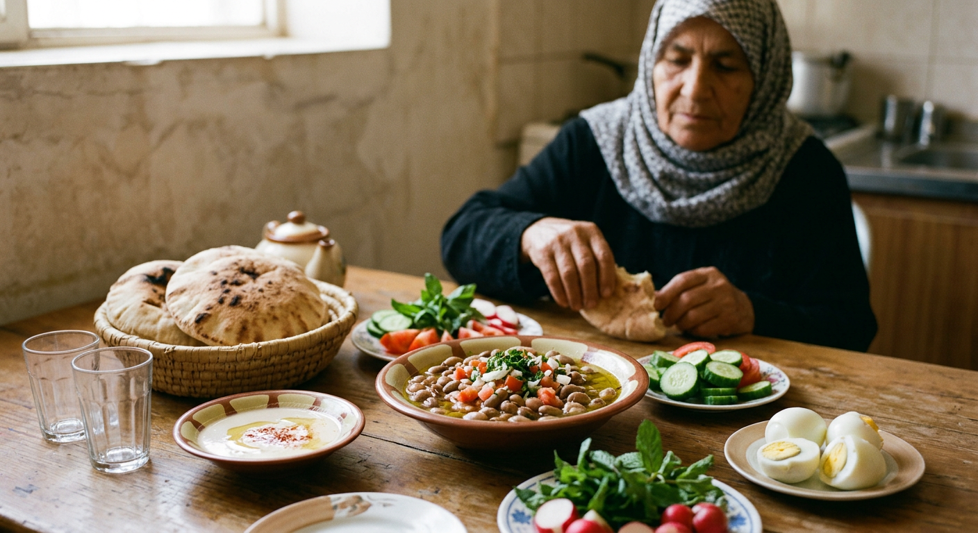 مائدة إفطار مشرقية تقليدية تضم الفول المدمس والطحينة والخبز البلدي، نموذج مثالي للأحماض الأمينية الكاملة