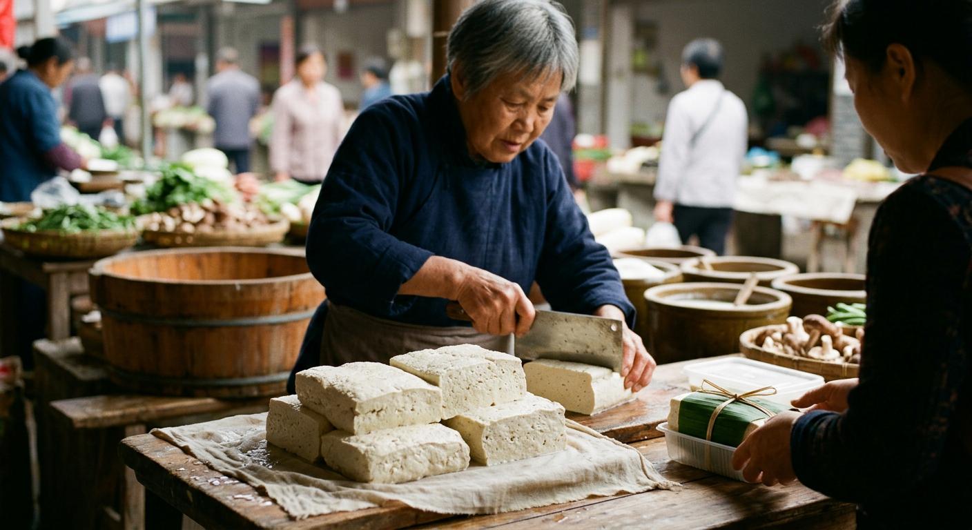 中国菜市场中新鲜制作的传统卤水豆腐,兼具高蛋白与极低加工度