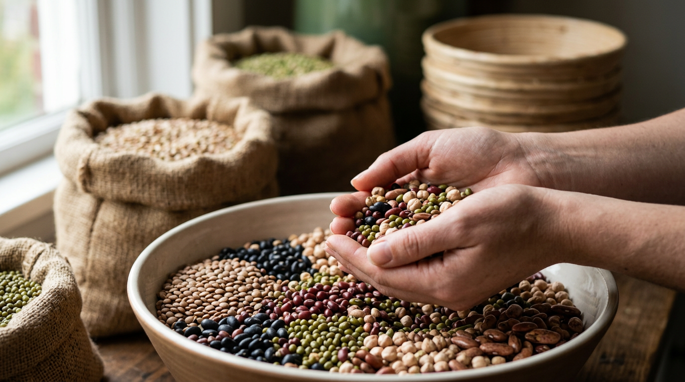 Aneka kacang-kacangan nabati mentah seperti kacang hijau, lentil, dan kacang merah di wadah tradisional