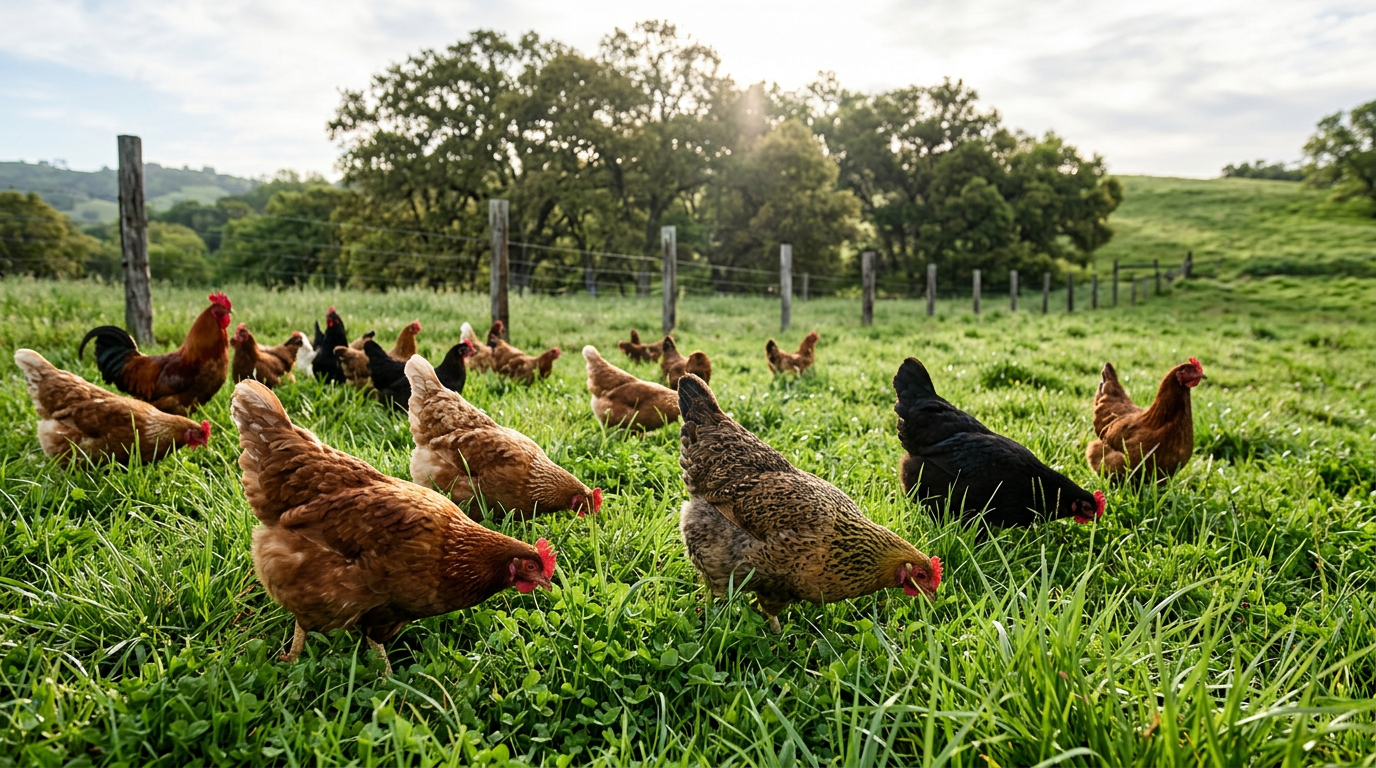 Galinhas ciscando livremente em pastagem verde sob luz solar matinal