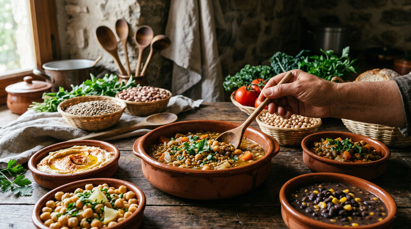 Variedad de legumbres cocidas en cuencos de barro tradicionales