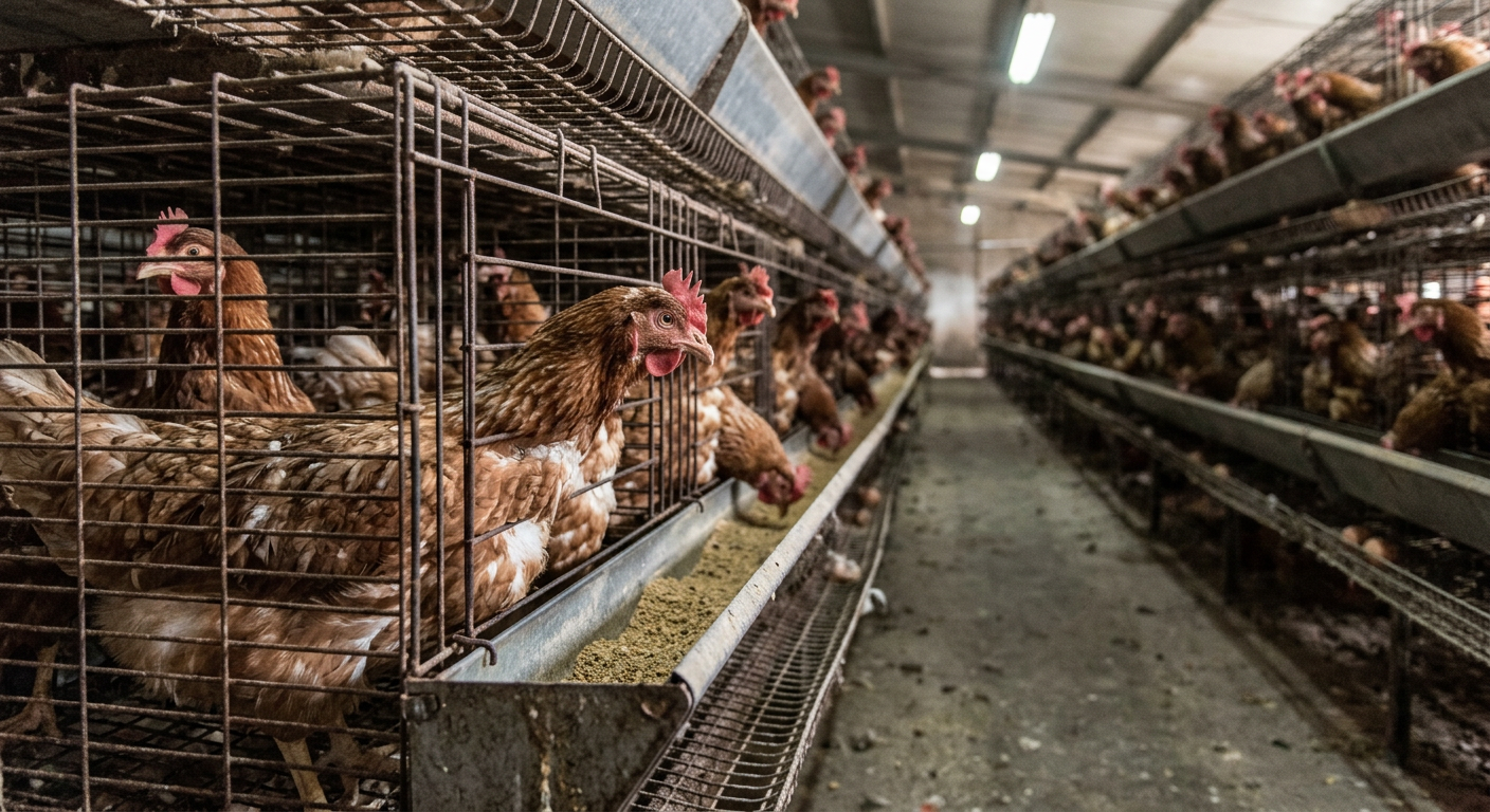 Galinhas em sistema de bateria na avicultura intensiva, onde o confinamento limita movimentos naturais básicos.