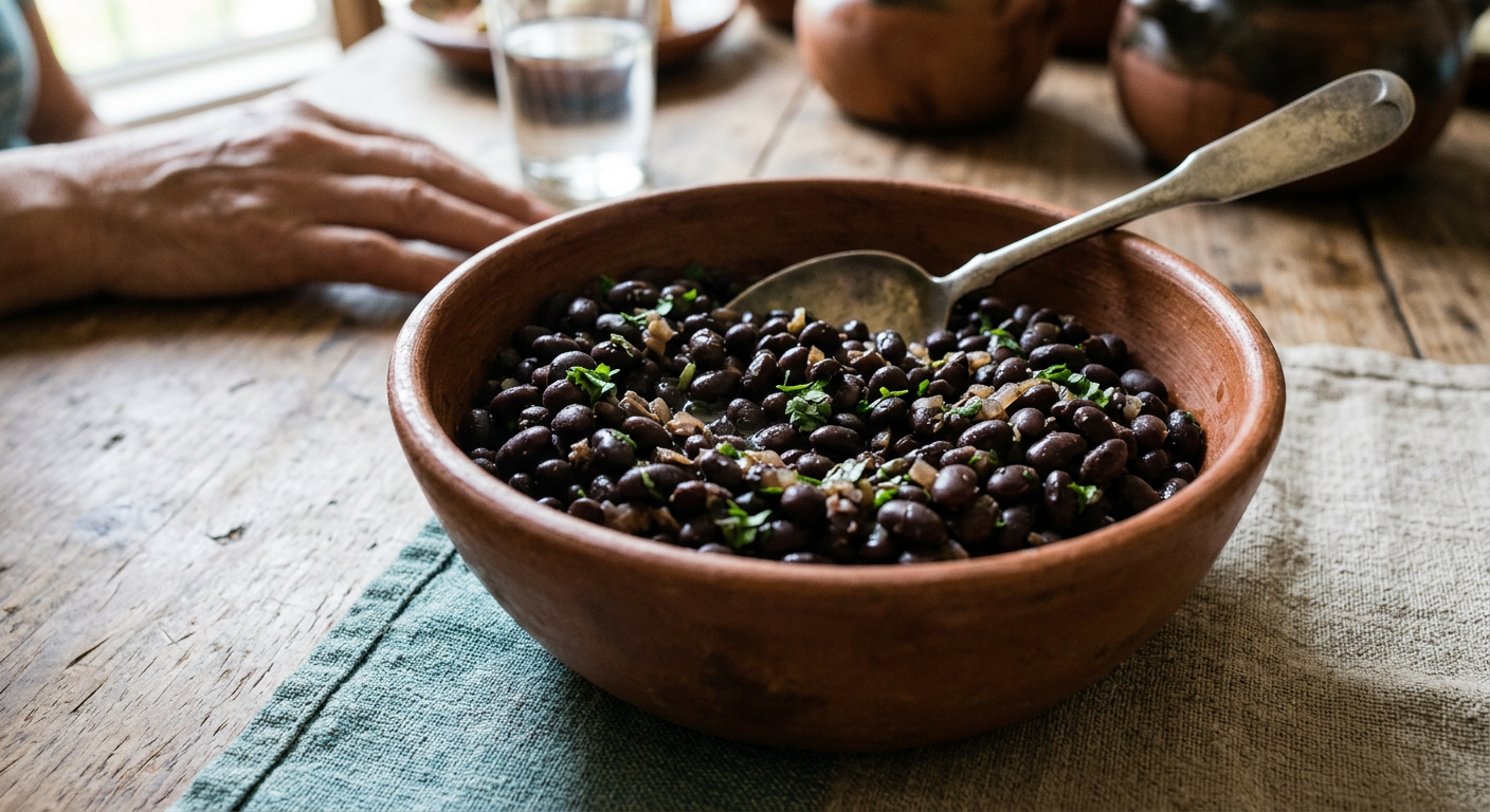 Un cuenco de frijoles negros cocidos con especias, base proteica fundamental de la cocina latinoamericana.