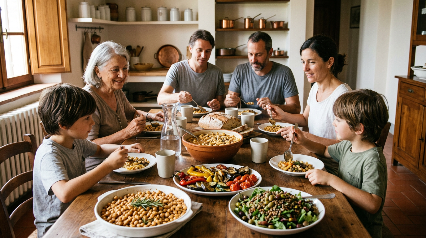 Tavola imbandita con piatti tradizionali italiani a base di legumi, cereali integrali e verdure di stagione.
