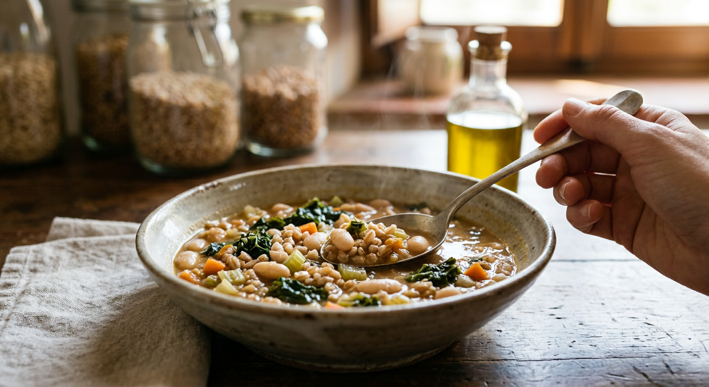 Una tradizionale zuppa toscana di cannellini e farro: alta densità nutrizionale, basso costo e straordinario potere saziante.