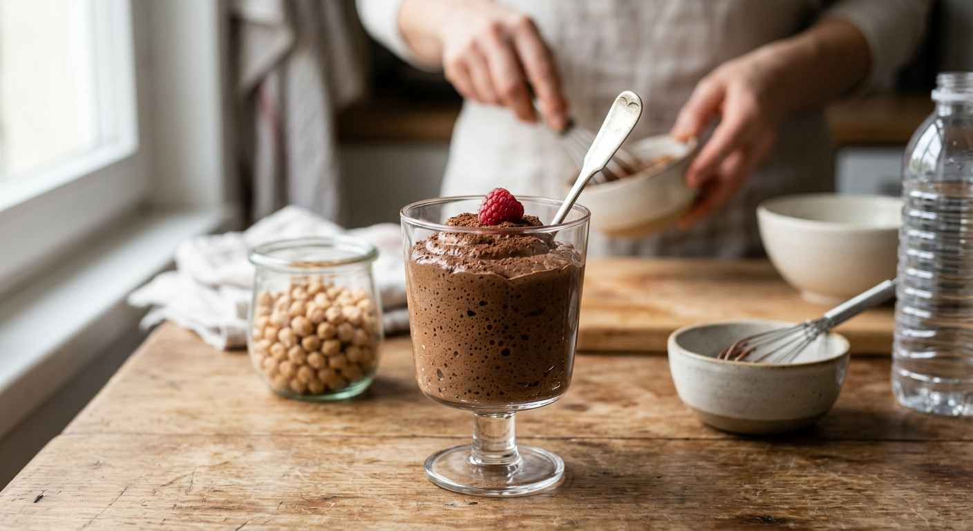 Mousse au chocolat végétalienne aérienne préparée avec du jus de pois chiches dans un verre