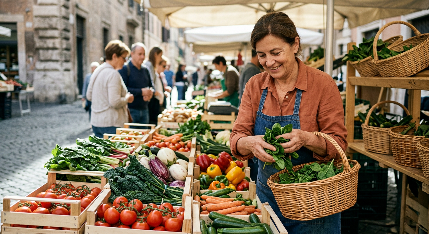 Banchi di verdure di stagione in un mercato rionale: la base vitaminica e minerale per tutelare l'energia metabolica quotidiana.