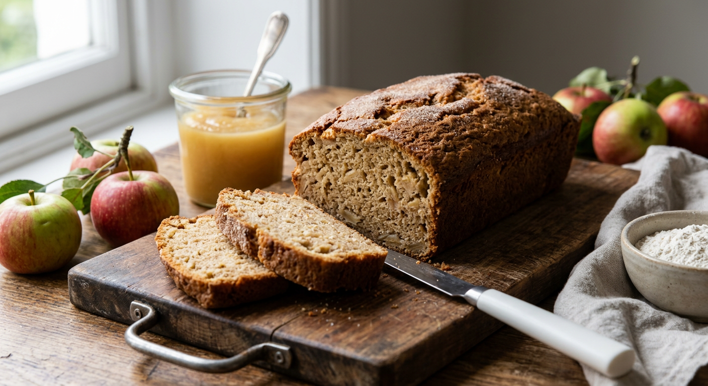 Un cake moelleux aux pommes dont la mie dense et aérée est liée sans aucun œuf grâce à la pectine de fruit.