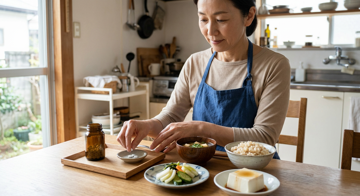 豆腐や季節野菜を中心とした伝統的な朝食。サプリメントを毎朝の配膳ルーティンに組み込む。