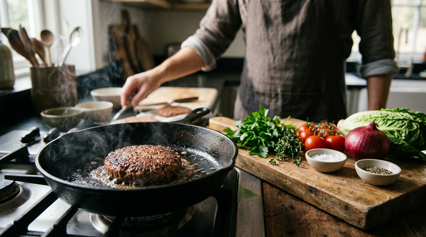 Plant-based burger patty sizzling on a cast-iron skillet next to fresh herbs and vegetables