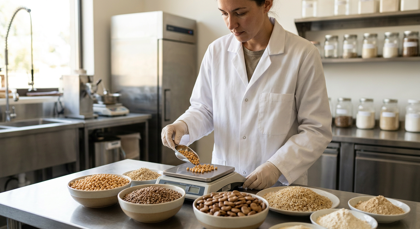 Peas, brown rice, and faba beans serve as the primary whole-food protein sources powering modern meat analogs.