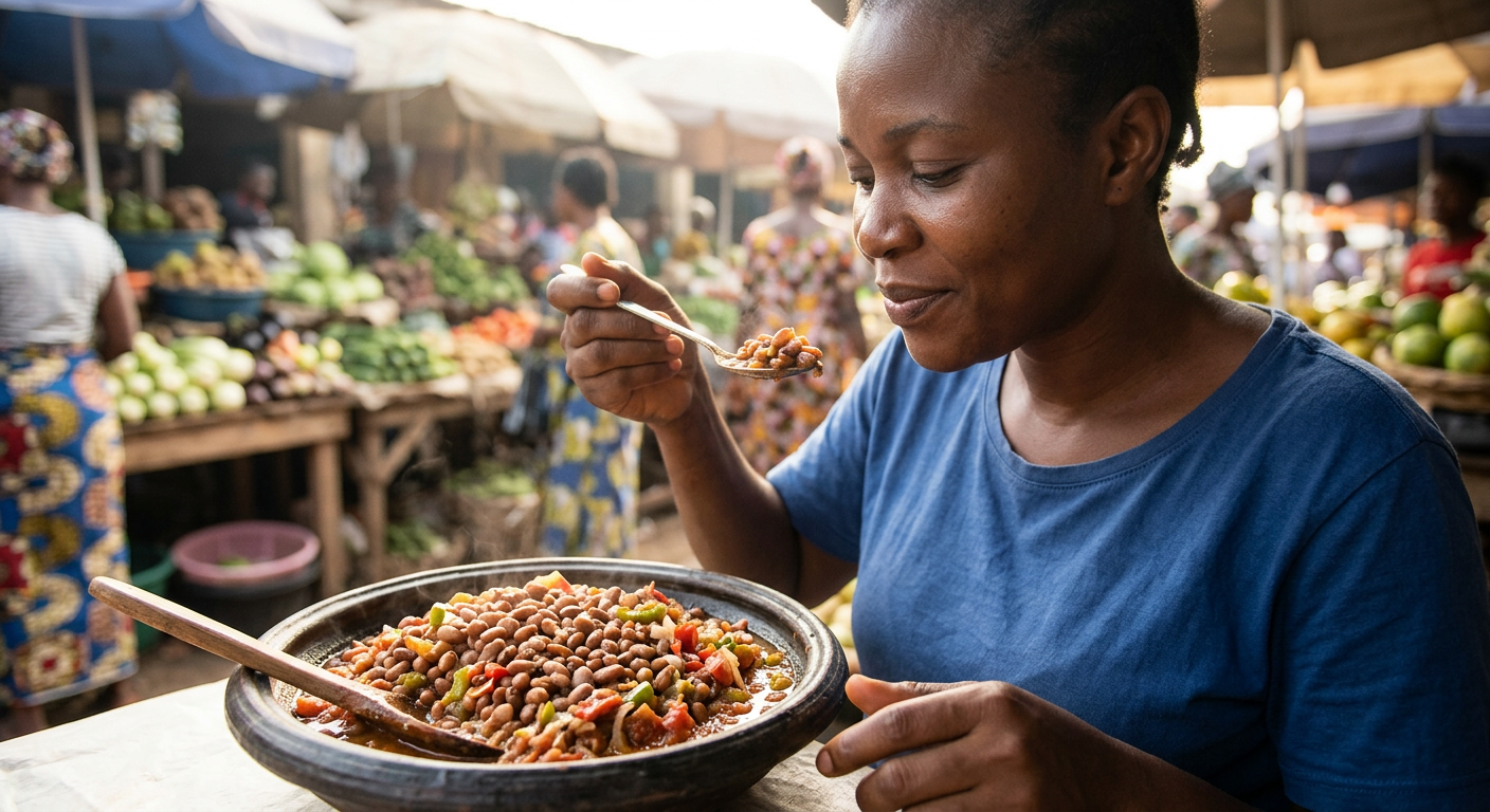 Àwokòtò ẹ̀wà oloyin tí a sè pẹ̀lú ata tútù àti àlùbọ́sà láìsí ẹran jẹ́ oúnjẹ tó péye fún ìdínkù ìwọ̀n ara.