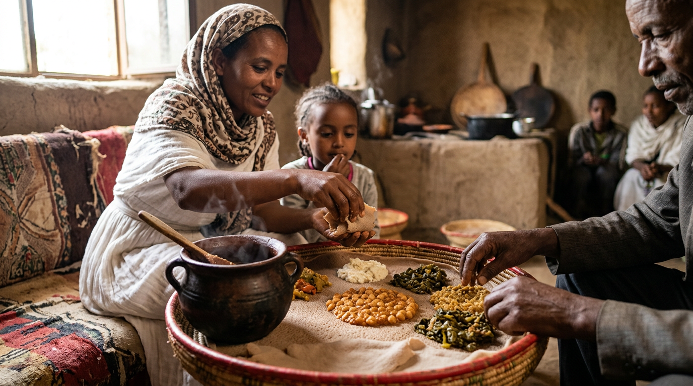 በባህላዊ የሸክላ ድስት የቀረበ ትኩስ የኢትዮጵያ ሽሮ ወጥ ከእንጀራ ጋር
