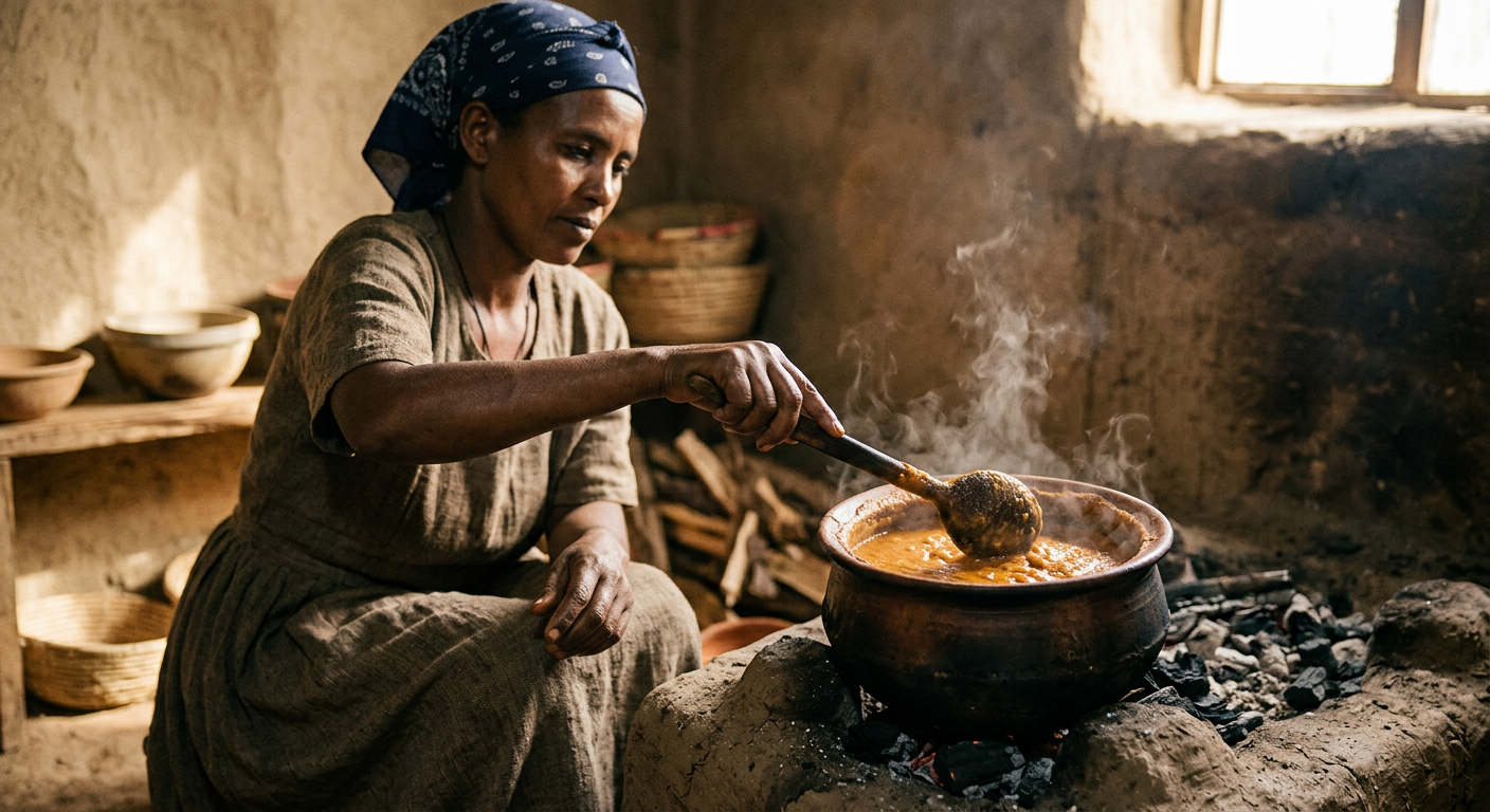 በባህላዊ የሸክላ ድስት የሚንተከተክ የጾም ሽሮ ወጥ ልዩ የሆነ የጋለ ጣዕም ያገኛል