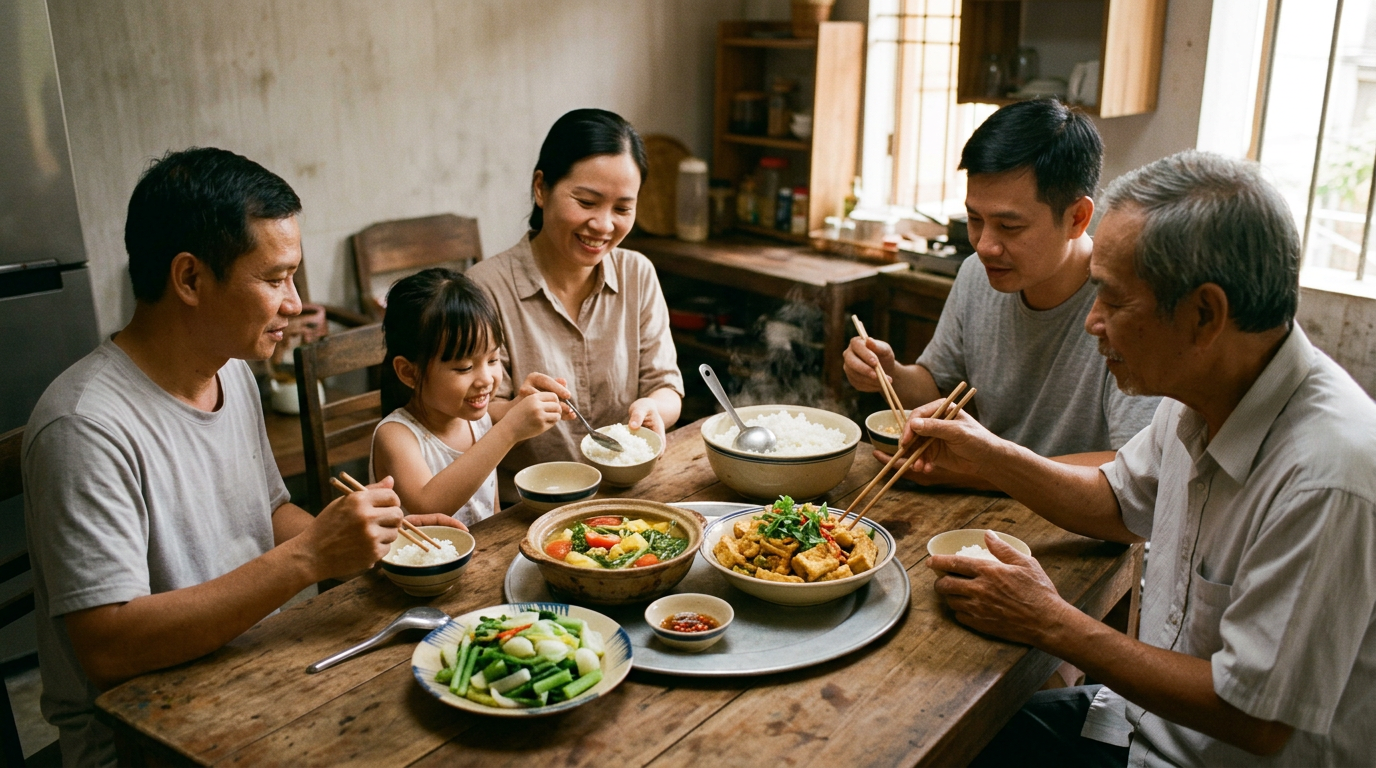 Mâm cơm chay gia đình Việt Nam với đậu phụ chiên sả ớt, canh chua và rau luộc