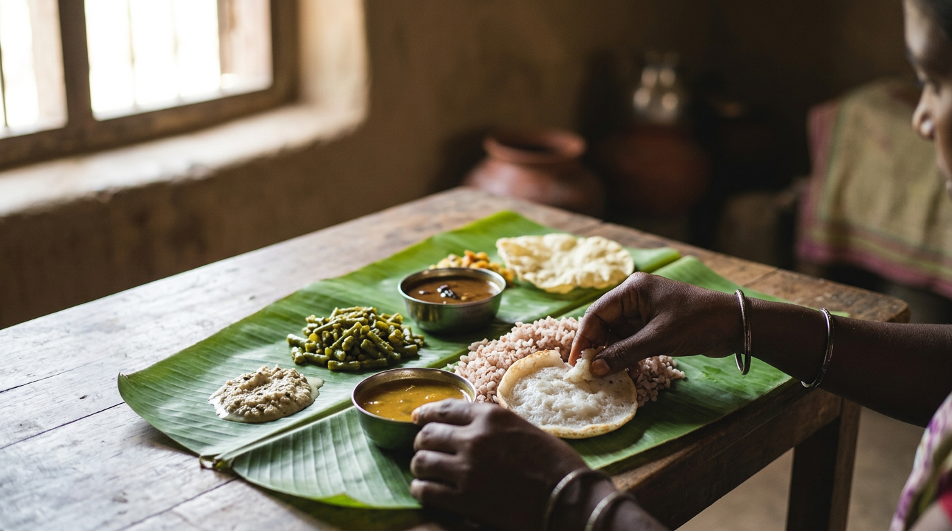 வாழை இலையில் பரிமாறப்பட்ட பாரம்பரிய தென்னிந்தியத் தாவர உணவு வகைகள்
