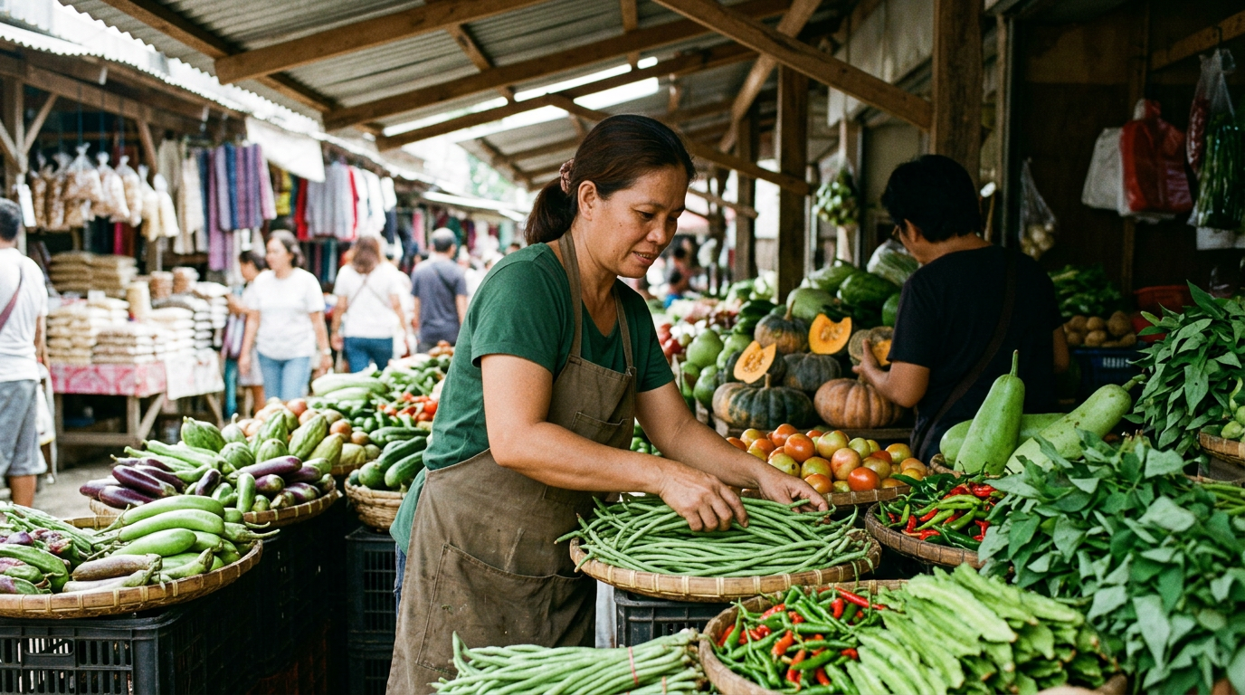 Sari-saring katutubong gulay sa isang palengke sa Pilipinas kabilang ang sitaw, talong, at kalabasa