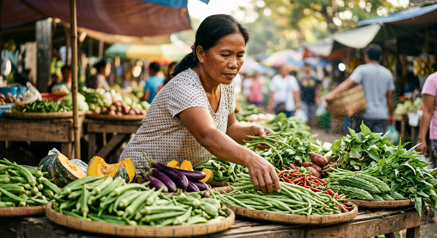 Mga sariwang katutubong gulay sa isang lokal na palengke na naglalaman ng mataas na antas ng dietary fiber at micronutrients.