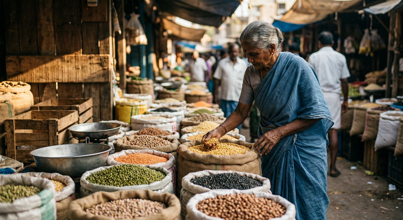 தமிழ்நாட்டின் உள்ளூர் சந்தைகளில் கிடைக்கும் பலவகை பருப்புகளும் தானியங்களும் புரதத்தின் முதன்மைத் தாவர ஆதாரங்கள்.