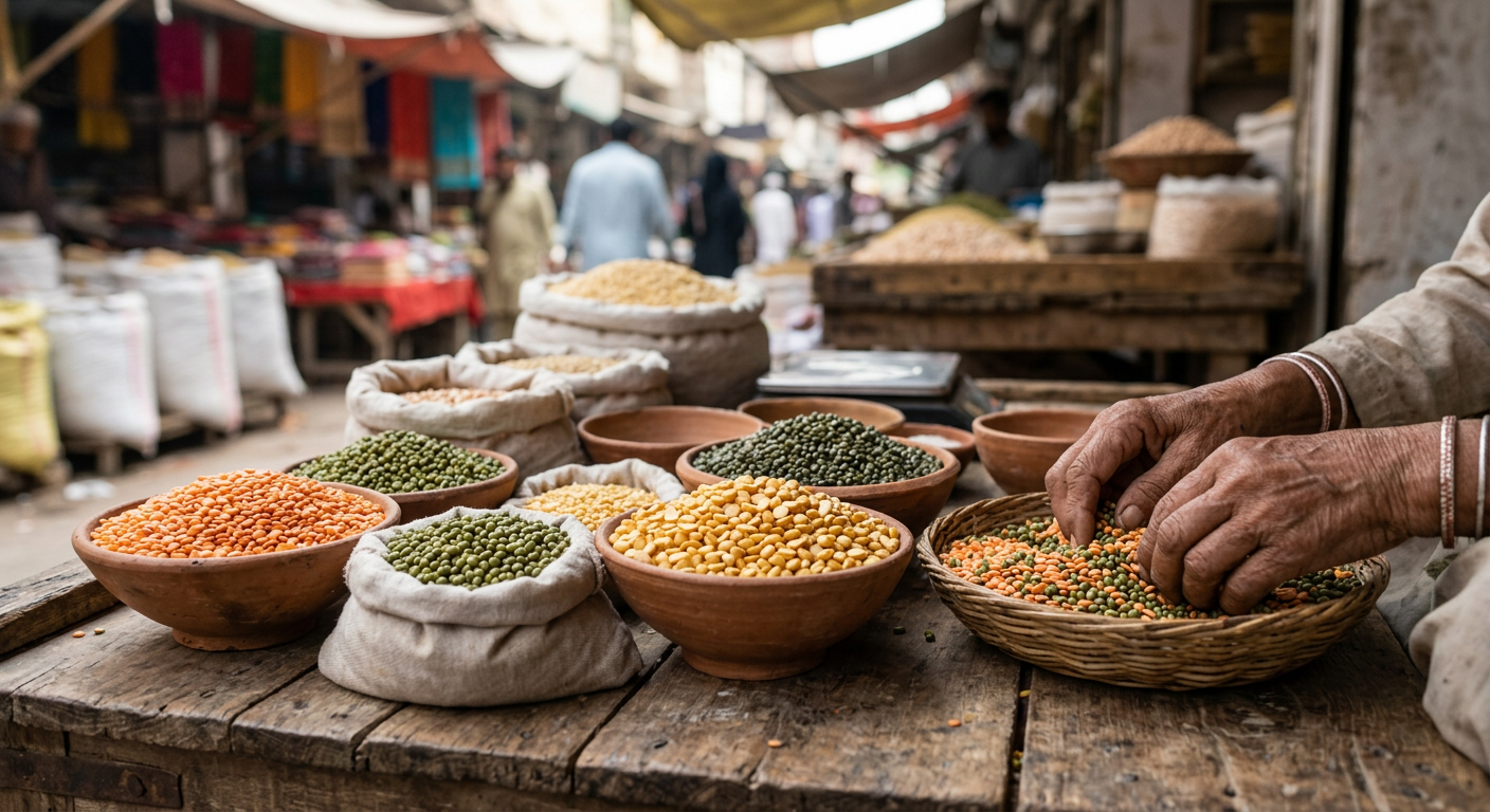 مختلف اقسام کی کچی روایتی دالیں جن میں مسور، مونگ اور چنا دال شامل ہیں