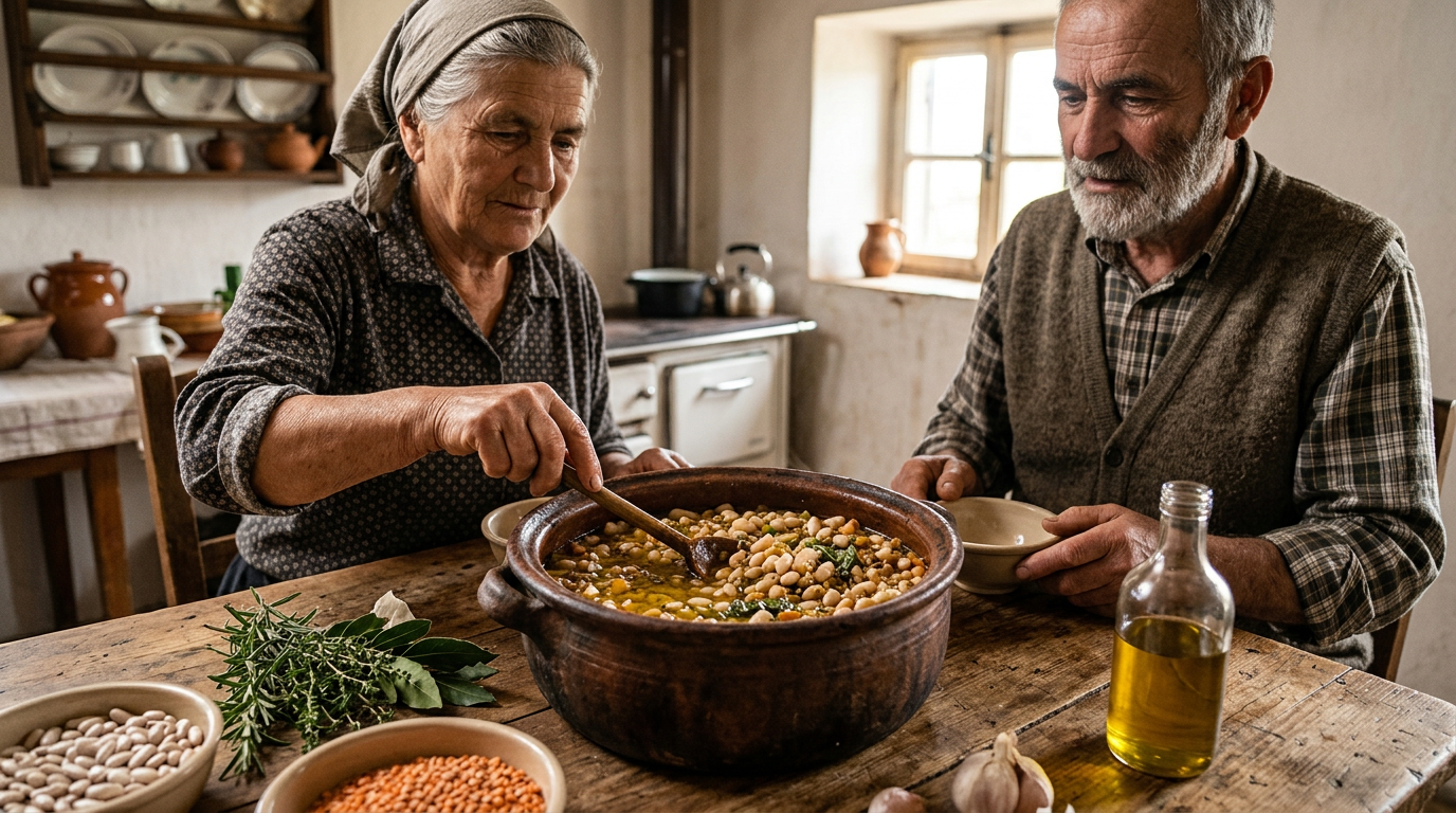 Tas tradicional prej balte me fasule dhe thjerrëza të gatuara me vaj ulliri dhe erëza mesdhetare
