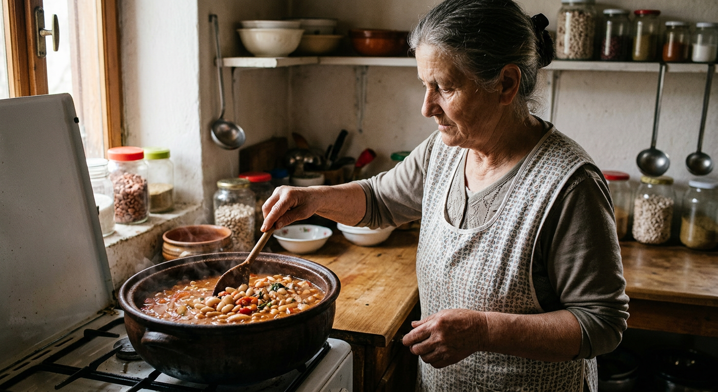 Gjellë tradicionale me fasule e gatuar ngadalë, një nga burimet më të qëndrueshme të proteinave në kuzhinën shqiptare.
