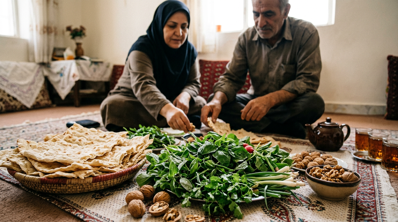 سبزی خوردن تازه، گردو و نان سنتی روی سفره ایرانی به عنوان نماد تغذیه گیاهی سالم