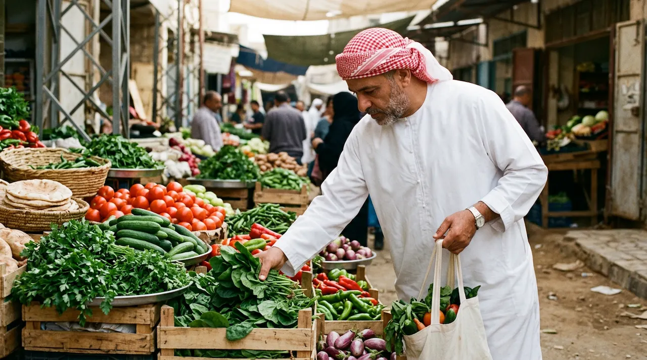 A person carefully selecting fresh vegetables at a vibrant outdoor market stall.