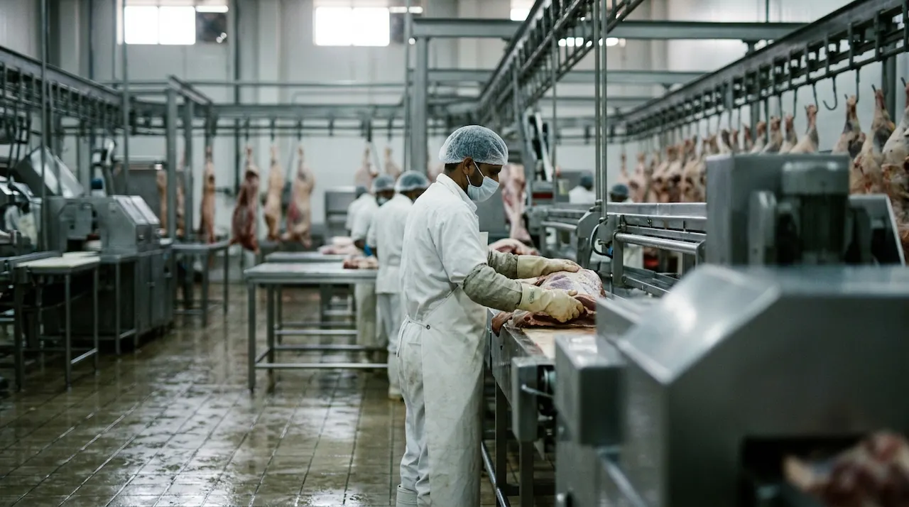 Interior view of a large, sterile industrial meat processing facility with stainless steel equipment and workers in protective gear.