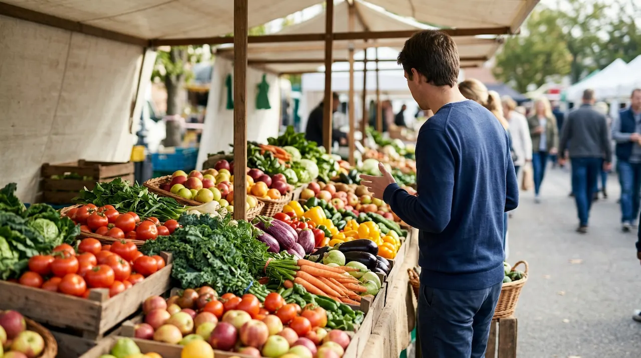 A vibrant stall at a farmers' market overflowing with colourful, seasonal fruits and vegetables.