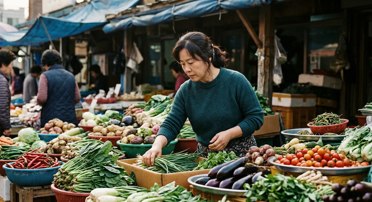 A person carefully selecting fresh vegetables at a vibrant outdoor market stall.