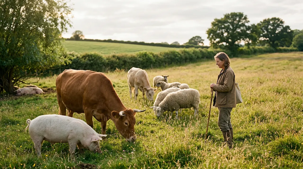 Rescued farm animals like cows, sheep, and pigs peacefully grazing in a sunlit meadow.