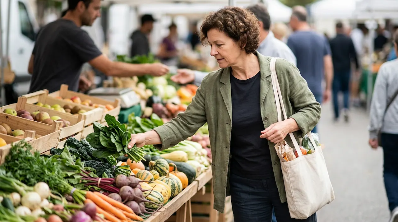 A person carefully selecting fresh vegetables at a vibrant outdoor market stall.