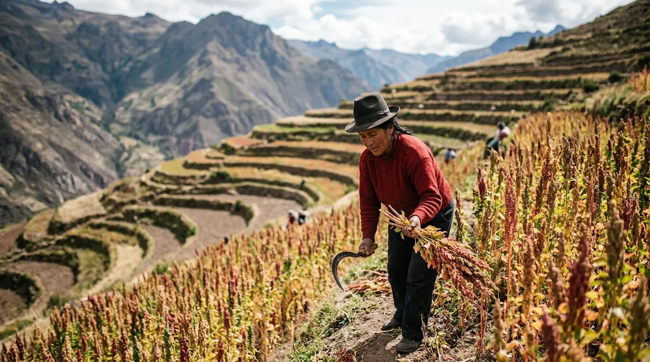 A farmer harvesting quinoa in a terraced field in the Andes mountains.