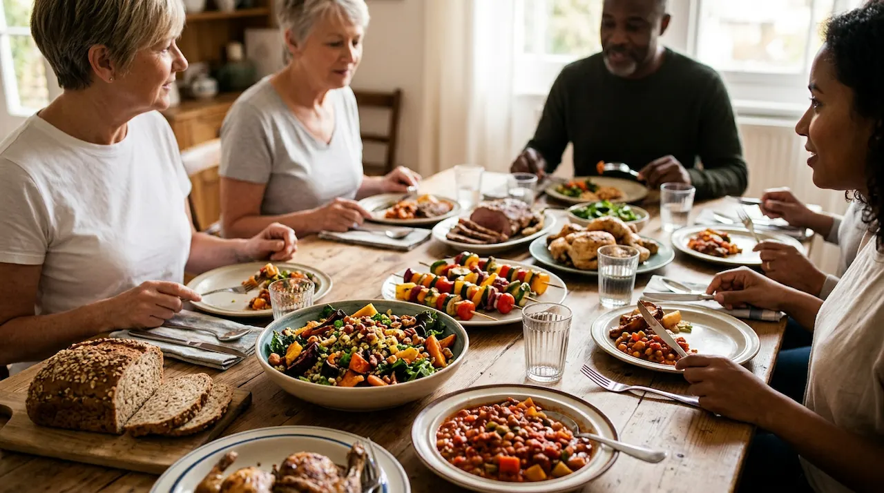 A warm, inviting dinner table laden with various dishes, some clearly plant-based and others containing meat.
