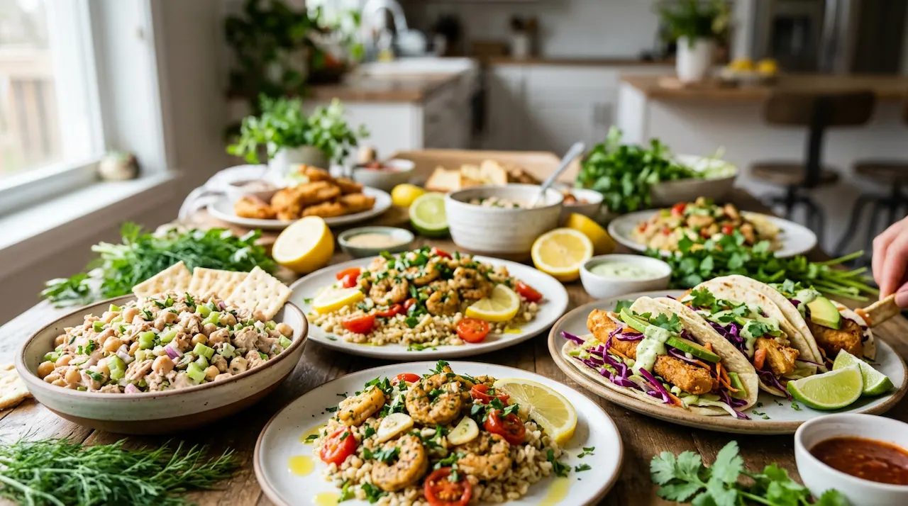 A colourful spread of vegan seafood dishes, including 'tuna' salad, 'shrimp' scampi, and 'fish' tacos.