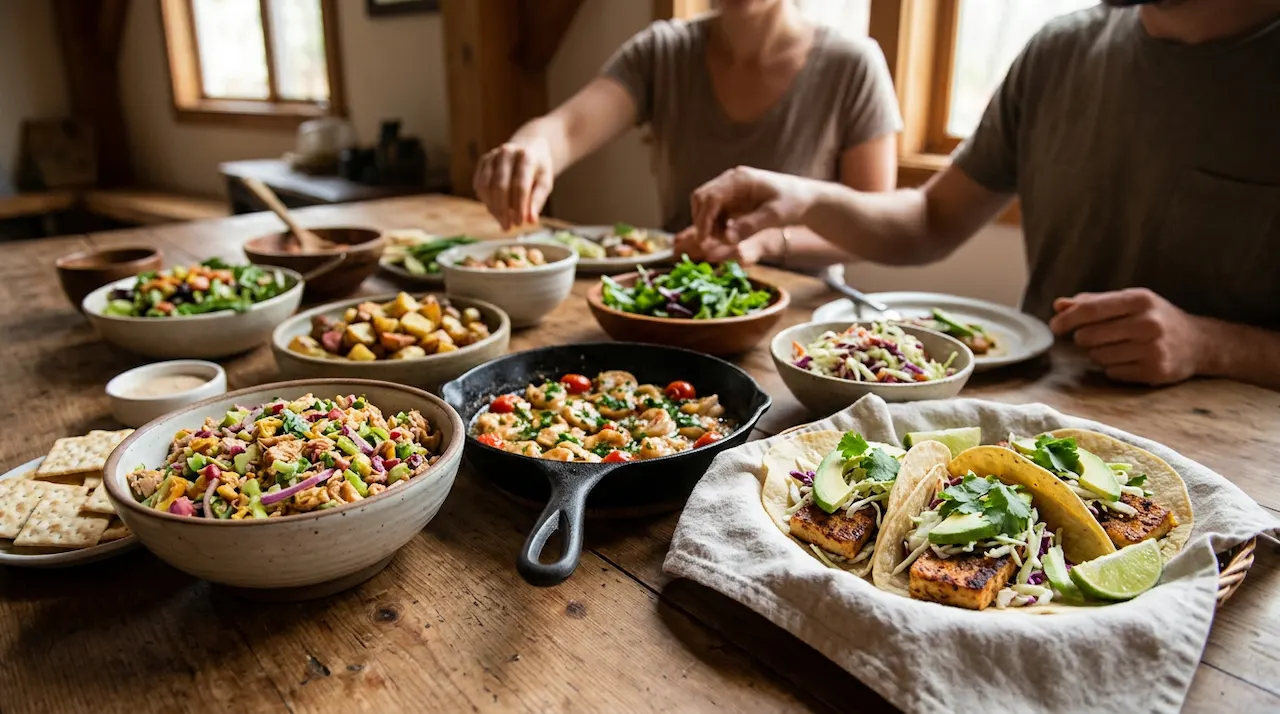 A colourful spread of vegan seafood dishes, including 'tuna' salad, 'shrimp' scampi, and 'fish' tacos.