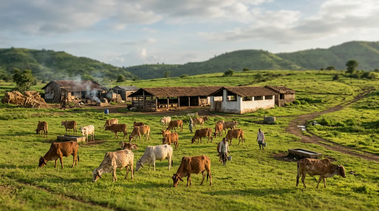 A pastoral landscape showing a dairy farm with several cows grazing in a green pasture under a clear sky.