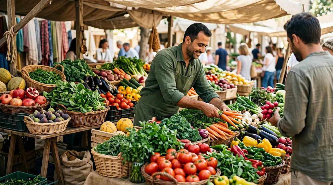A vibrant stall at a farmers' market overflowing with colourful, seasonal fruits and vegetables.