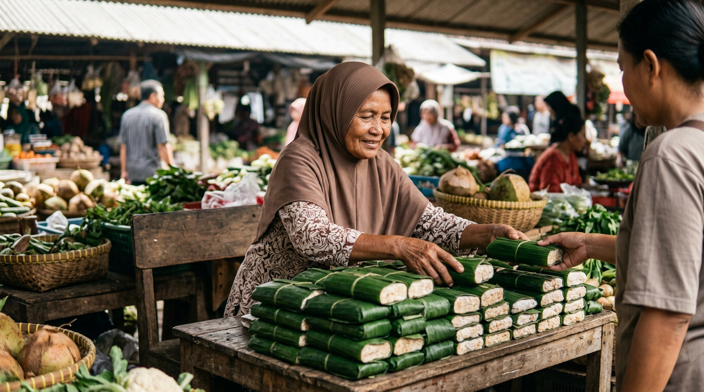 Tempe tradisional dibungkus daun pisang di pasar basah tradisional Indonesia