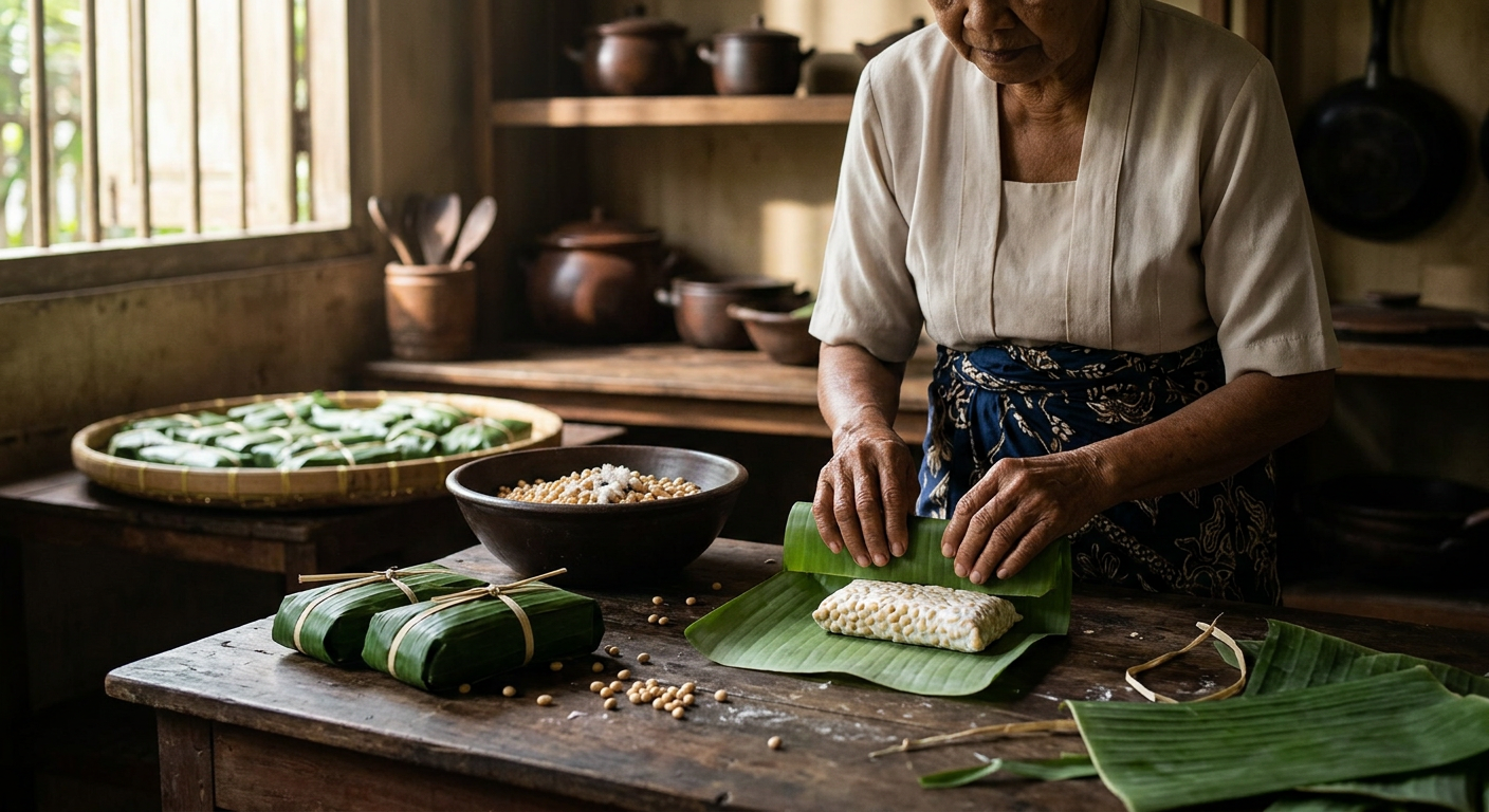 Fermentasi tempe tradisional dengan pembungkus daun pisang telah menjadi andalan protein nabati sejak era Mataram Islam.