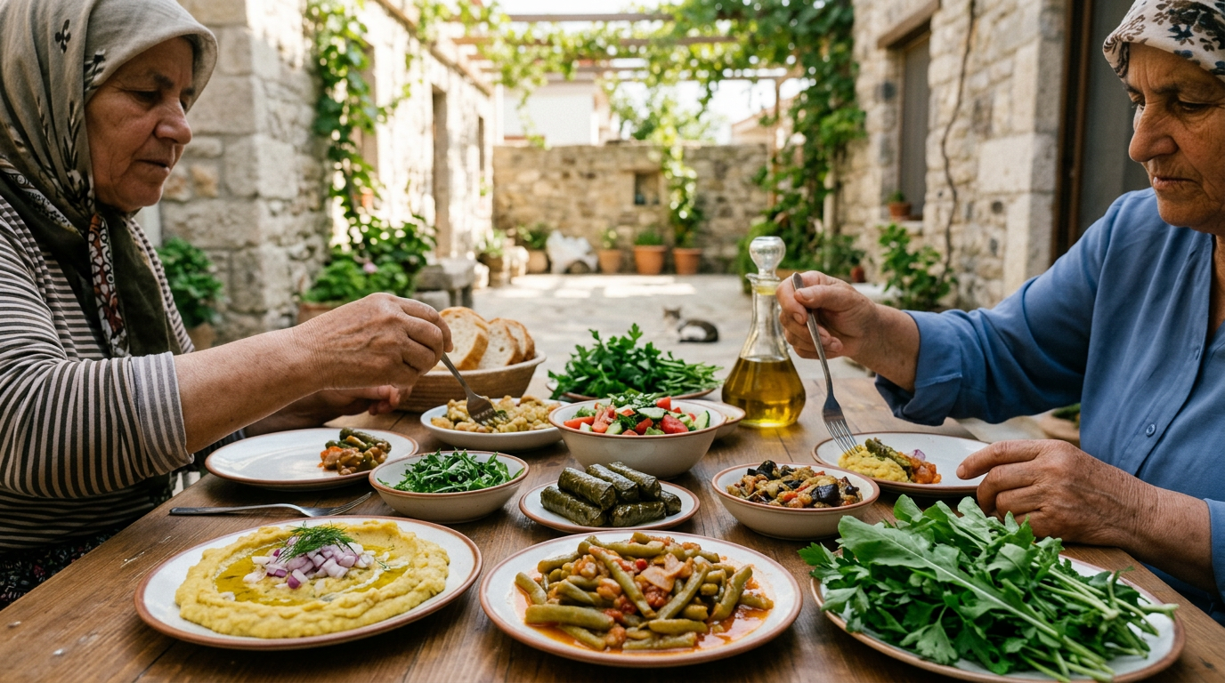 Zeytinyağlı mezeler, fava ve taze otlarla donatılmış geleneksel bir Ege sofrası