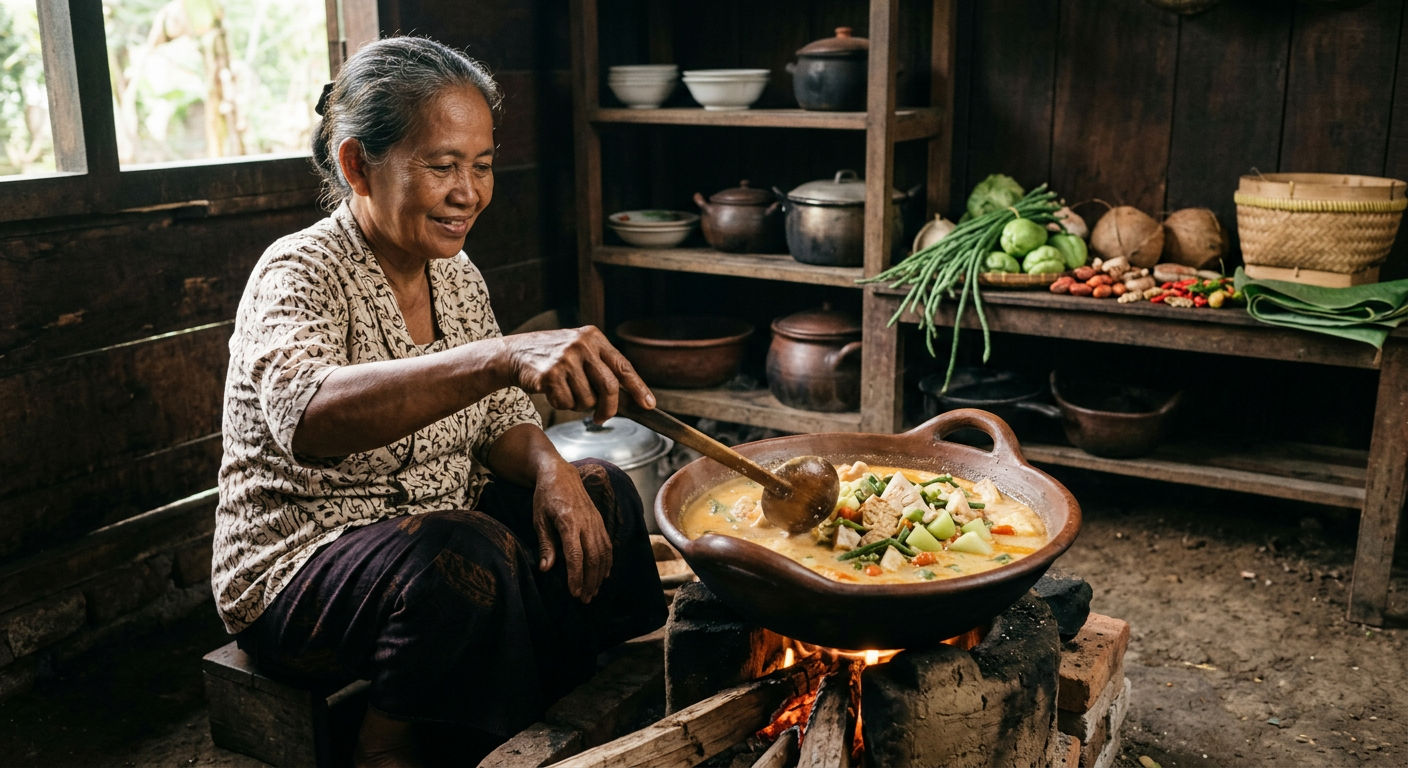 Sayur lodeh rumahan memadukan santan kelapa perah dengan labu siam dan kacang panjang yang sarat mikronutrien.