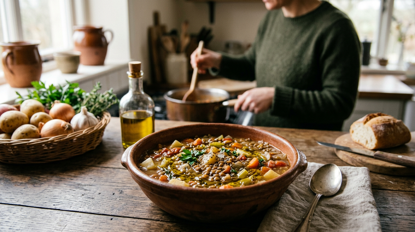 Guiso tradicional de lentejas con verduras y aceite de oliva servido en cazuela de barro rústica