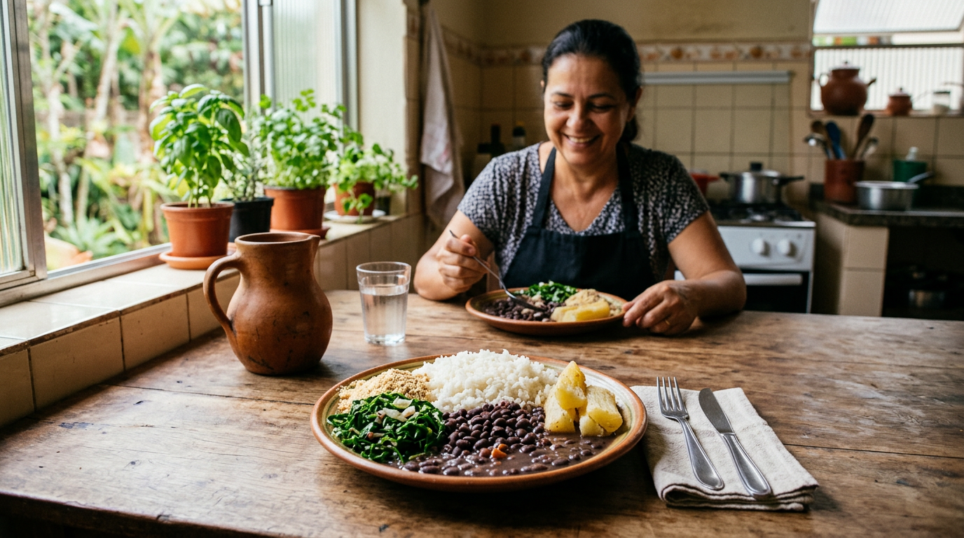 Prato tradicional com arroz, feijão preto, farofa de mandioca e couve refogada