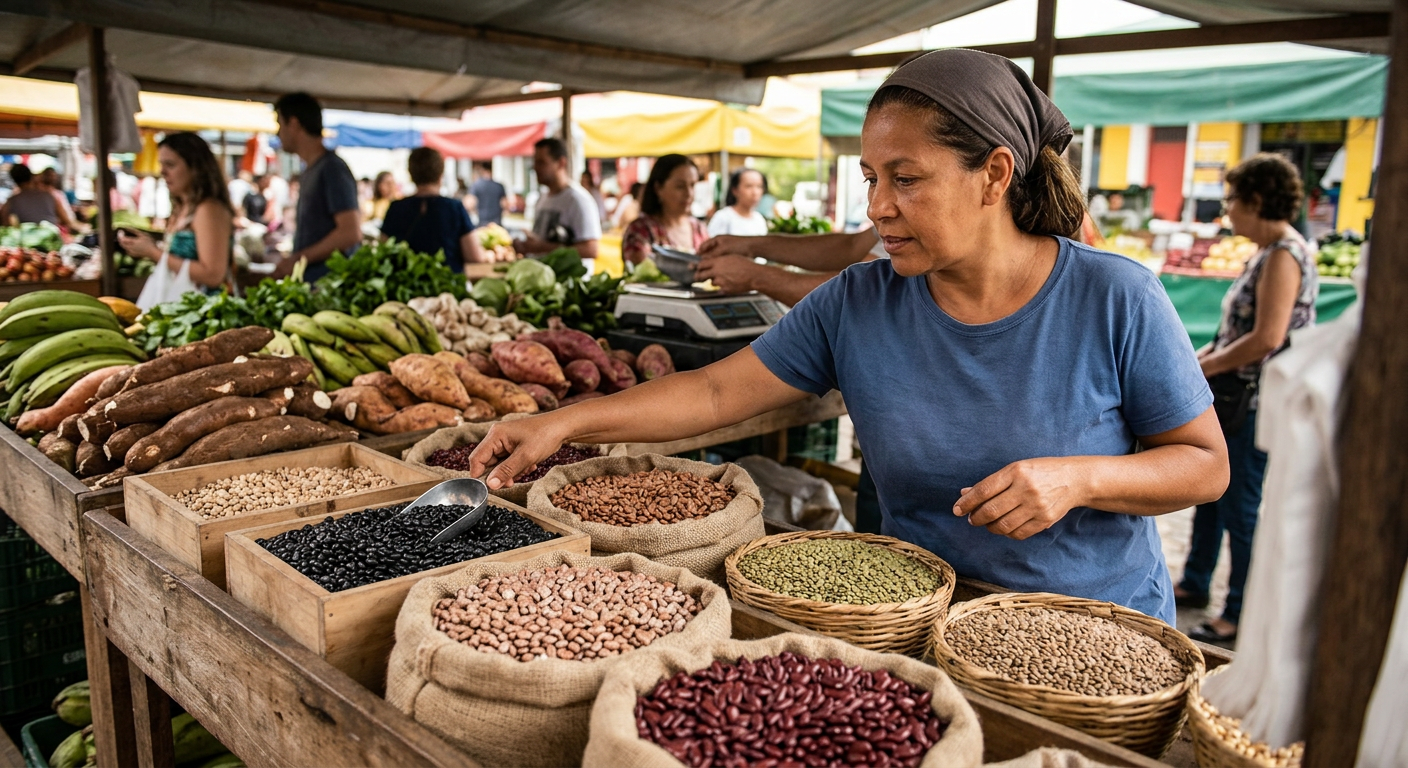 Bancas de feira com feijões a granel, farinhas e vegetais da época formam a base econômica do cardápio vegetal.